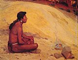 Indian Canvas Paintings - Indian Seated by a Campfire
